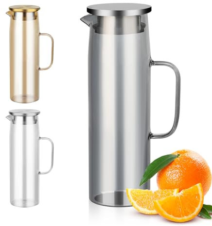Bearrerp 1.5 L Carafe en verre, bouilloire résistante à la chaleur,Carafe Eau avec couvercle et Anse, pour eau chaude/froide, vin, thé glacé et boissons à base de jus (Noir)