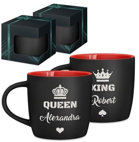 Maverton Set of 2 Cups for Friends, Customised Couple Mug Set, Crown | Matching Cups with Prints for Birthday, Housewarming Wedding Set, Coffee and Tea Mugs with red Interior