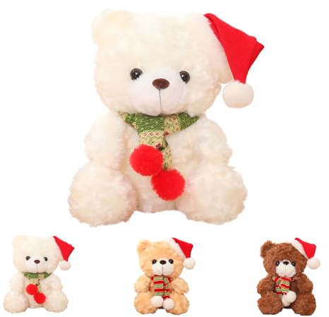 Weihnachten Kuscheltier Bären, 25cm Weihnachten Plüschtiere Niedlich, Weiß Teddybär Lüschkissen Kuschelig, Cute Plüsch Kissen Bär für Kinder Weihnachten Geburtstagsgeschenke Weiches Bett Sofa Deko