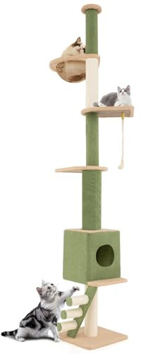 COSTWAY Floor to Ceiling Cat Tree, 5 Tier Tall Cat Tower with 218-270cm Adjustable Height, Space Capsule, Condo, Sisal Scratching Posts, Ladder & Rope, Climbing Activity Center for Indoor Cats Kittens