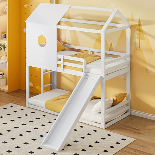 PerGar Letto a castello per bambini con scivolo, letto per bambini con protezione anticaduta, 90 x 200 cm, telaio in legno massello con finestre caratteristiche, senza materasso, bianco