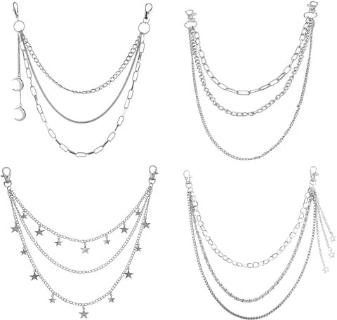 Forbabe 4 Stück Hosenkette Silber, Hosen Kette Punk Jeans Ketten Rock Kettengürtel Hip Hop Schlüsselkette Punk, Gürtel Kette Hosenkette für Damen Männer