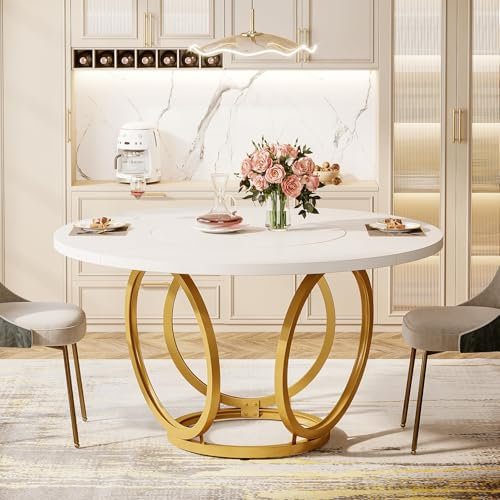 Tribesigns Runder Esstisch für 4, Weißer Küchentisch mit goldenem Metallfuß, Esstisch aus Holz, Couchtisch für Küche, Esszimmer, Café (120 * 120 cm, Weiß und Gold)