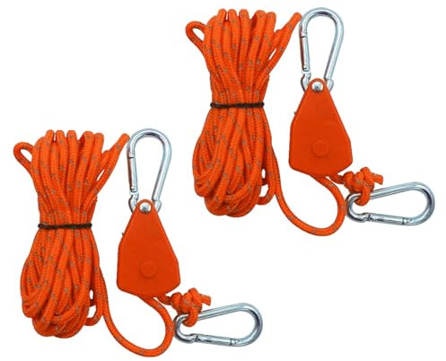 2Pcs Reflective Tent Guy Ropes,4m Tent Camping Cord with Pulley,4mm Cord Ratchet Rope Adjustable Heavy Duty Rope Hanger for Plant Grow Room Awning Outdoor Camping Gazebo Hiking Picnics (Orange, 4)