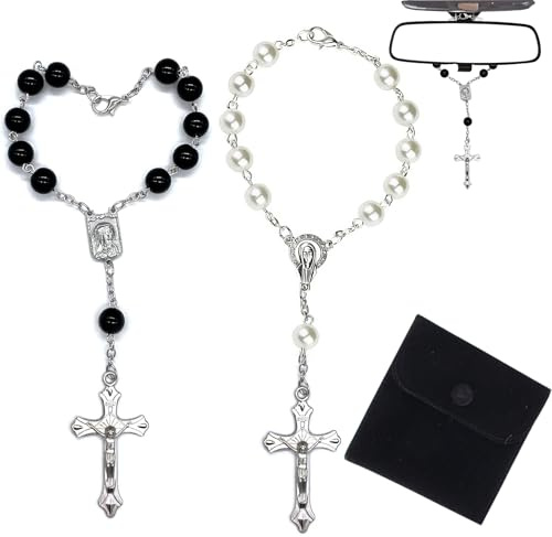 EULAPGOE Auto Rosenkranz - Geometrische Schwarze Glasperlen mit Aufbewahrungsbeutel - 2er Set - Elegantes Design für Autos, Geschenke und Schmuckaufbewahrung