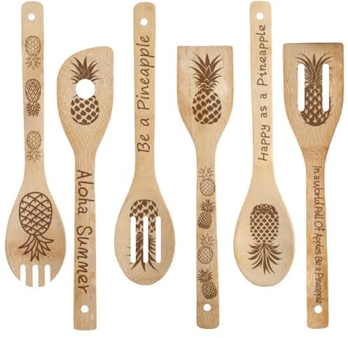 craspire 6 Stück Ananas Holzlöffel Utensilien Set Obstgeschirr Essgeschirr Bambus Kochen Natürliches Holz Geschnitzt Gebrannte Schlitzspatel Besteck Für Küchendekor Geschenke Einweihungsparty