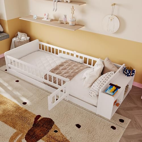 Kinderbett mit Lattenrost, Zaun, Rausfallschutz und Stauraum, Einzelbett, Jugendbett, Kiefer (weiß, 90x200 cm)