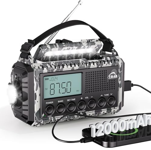 Kurbelradio mit 12000mAh Akku Wiederaufladbare, Tragbare Camping Radio mit Taschenlampe & Leselicht, Notfallradio AM/FM/SW Typ C Anschluss, SOS-Alarm Dynamo Radio für Wandern, Outdoor