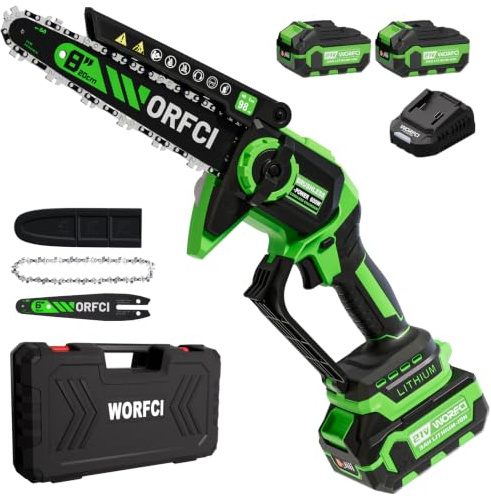 WORFCI 8 Pollici Mini Motosega con 2 Batterie e Caricatore, Sega a Batteria per Potatura Senza Fili, Brushless Motosega con Lubrificazione Automatica, Motosega Elettrica Potatura di Legno/Alberi