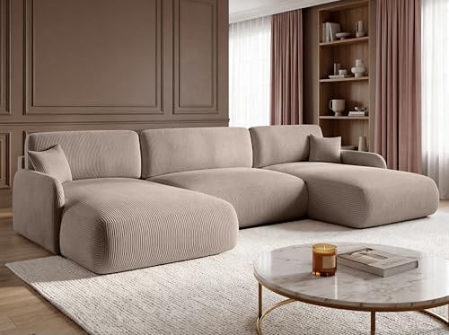 KP-Meble U-Form Wohnlandschaft mit Schlaffunktion 357x175 cm, Cordstoff – Großes Schlafsofa mit Bettkasten, Moderne Couch mit Stauraum NIVO (Poso 02)