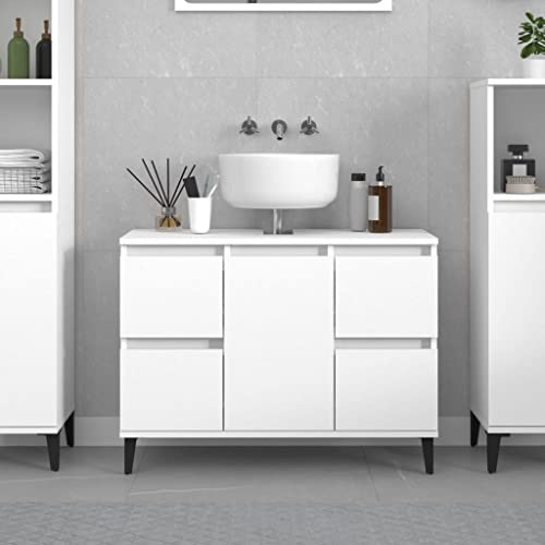 Ziaphsol Mobile sottolavabo bianco, 80 x 33 x 60 cm, in legno con 4 cassetti, 1 scomparto e piedini in metallo, per bagno, lavandino