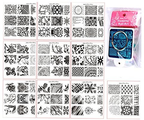 FingerAngel 10Pcs Nail Stamping Plates + 1 Stamper + 1 Scraper White Plastic Backcover Nail Art Stamp Stamping Template Image Plate Nail Art Stamper Scraper Nails Tool