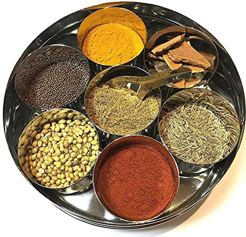 WhopperIndia Contenitore per spezie in acciaio inox rotondo Masala Dabba - Contenitore per spezie - Masala Dabba - 7 scomparti con cucchiaio 2, a tenuta d'aria