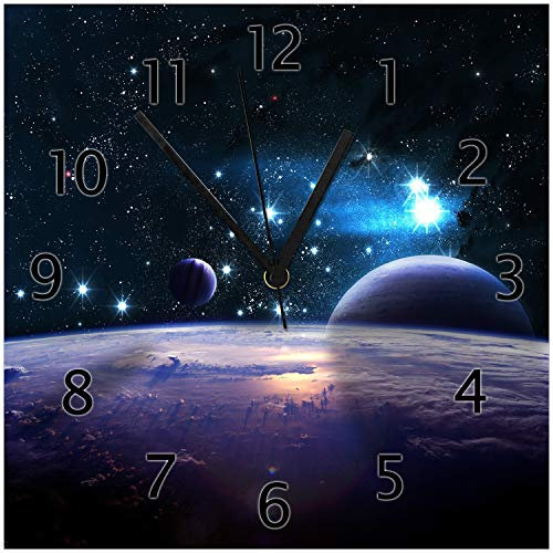 Wallario Design-Wanduhr Planeten im Weltall aus Glas, Motiv-Uhr Größe 30 x 30 cm, Schwarze Zeiger