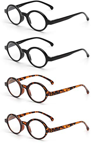 JM Satz von 4 Runden Lesebrille Federscharnier Leser Damen Herren Brillen für Lesen +1.0 Schwarz&Schildkröte