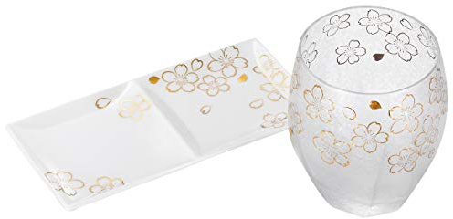 Aderia Whiskey 11oz Old Fashion Glass with bone china snack plate Made in Japan (Sakura)
