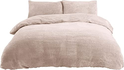 Sleepdown Teddy Fleece Duvet Cover Quilt Bedding Set with Pillow Cases Thermal Warm Cosy Super Soft, Super King, Natural Ivory