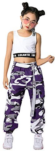 LOLANTA 2 Pezzi Ragazze Hip Hop Street Dance Solo Set, Crop Tank Top + Pantaloni Jogger mimetici, Viola, 11-12 anni, 160