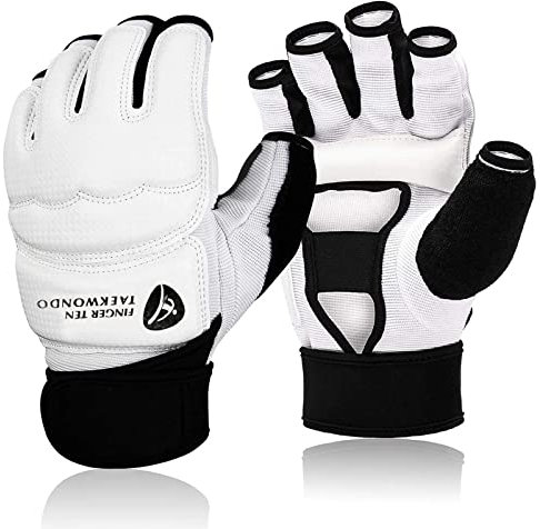 Guanti da taekwondo, da uomo, donna, bambino, con mezze dita, in pelle, per boxe, kickboxing, MMA, sparring, polsiere, guanti di supporto con imbottitura in EVA, guanti professionali leggeri per sacco