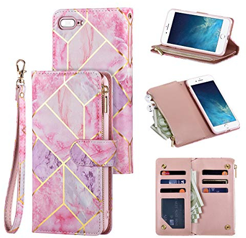 UEEBAI Wallet Case for iPhone 7 Plus iPhone 8 Plus, Premium PU Leather Magnetic Closure Geometric Marble Pattern Handbag Zipper Pocket Case Kickstand Card Slots Shockproof Flip Cover - Pink&Purple