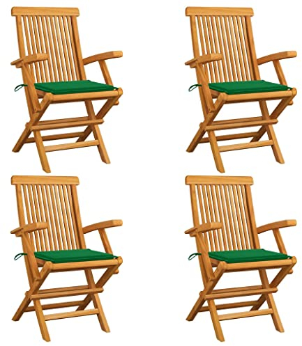 vidaXL Klappstühle mit grünen Kissen, 4 Stück, Massivholz Teakholz