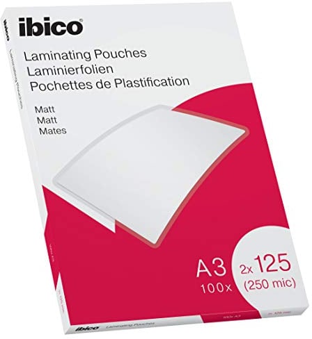 Ibico Laminierfolien A3 Matt 250 Mikron (2 x 125 mic), 100 Stück, Beschriftbare Heißlaminierfolien, Abgerundete Ecken, Ideal für Schule oder Büro, 627324