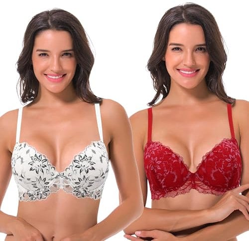 Curve Muse Women's Underwire Plus Size Push Up Add 1 and a Half Cup Lace Bras -2PK-White/Black,Red/White-36D (EU:80D)