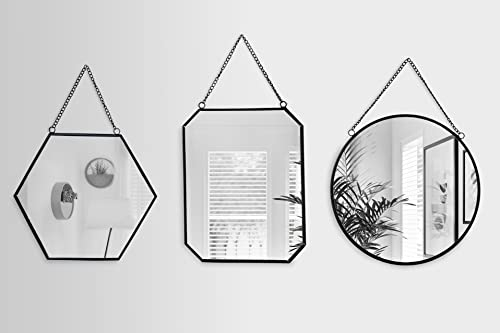 Wandspiegel mit Kette in Schwarz, Gold oder Silber, 3 Stück, sechseckig, rund, rechteckig, perfekt für Schlafzimmer, Badezimmer, Wohnzimmer oder Flur, Vintage/zeitgenössisch (schwarz)