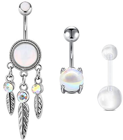 Funseedrr 3-5stk Bauchnabelpiercing Edelstahl 10mm 14G Piercing Bauchnabel Barbell Set mit Opal Türkis Kugel Silber Rosegold