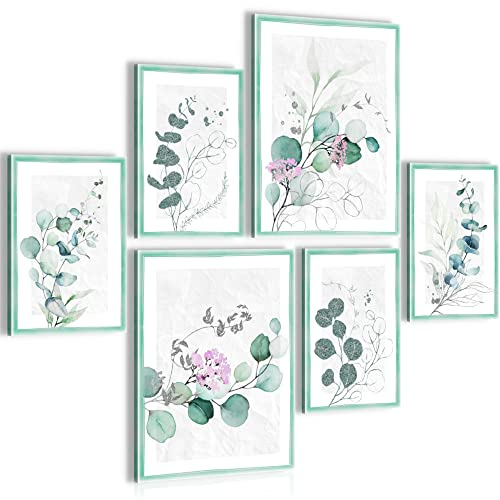 Novart Wandbilder Set Eukalyptus Pflanze Grüne Blätter - KEIN EXTRA RAHMEN BENÖTIGT - Modern Deko - Wohnzimmer Schlafzimmer Flur N003863a