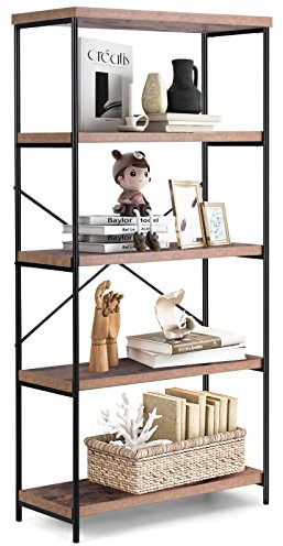 CASART 5-Tier Industrial Bookcase, Freestanding Metal Frame Storage Rack Shelving Unit, Display Bookshelf Ladder Shelf Plant Stand for Office Study Living Room (Rustic Brown + Black, 79 x 35 x 159cm)