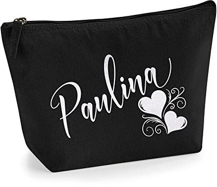 Personalisiert Name Initialen Herz Wirbel Kosmetiktasche Damen Schminktasche für Handtasche Makeup Tasche - Glitter oder Flocke Material Druck - Holo Weißer Glitzer - M | Schwarz