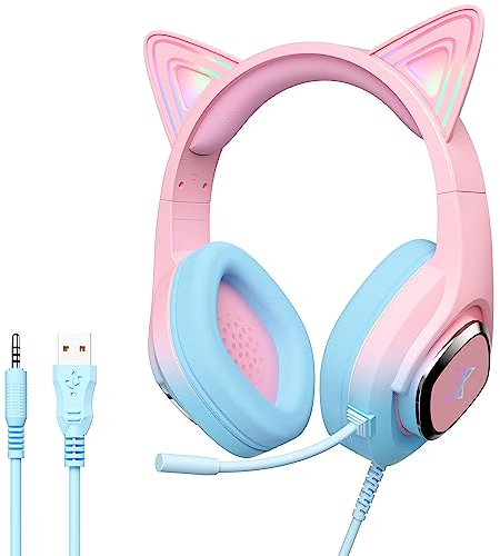 Mytrix Cat Ear Gaming Headset Kompatibel mit PS4, PS5, Xbox, PC, MAC, Switch, Gradient Pink Blue Wired Gaming Kopfhörer mit 360° Rotationsmikrofon, Surround Sound, Weicher Ohrenschützer,