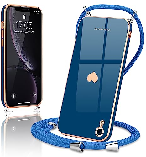 Wirvyuer Bande pour téléphone portable - Coque de protection compatible avec iPhone XR - Avec cordon à bandoulière - Protection de l'appareil photo - Cœur d'amour - En silicone galvanisé - Sac à