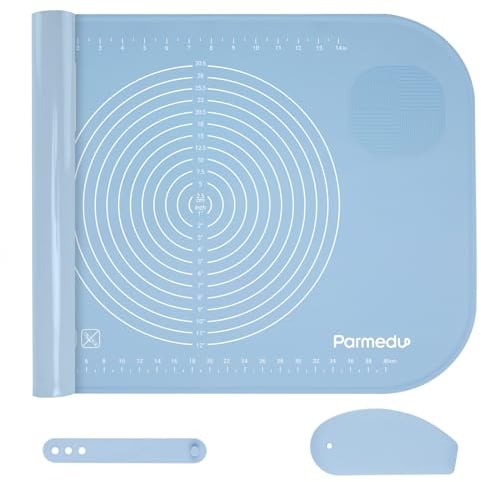 Parmedu Grande Tappetino in Silicone: 65x45cm Tappetino per Impastare Antiaderente con Cinghia di Conservazione e Tagliapasta, Tappetino da Forno Resistente al Calore Tappetino per Piano di Lavoro