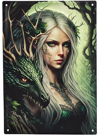 Blechschild Drache Hexe Waldwächter 40 cm - Fantasy Wand Deko Schild Metallschild Gothic Blech Metall