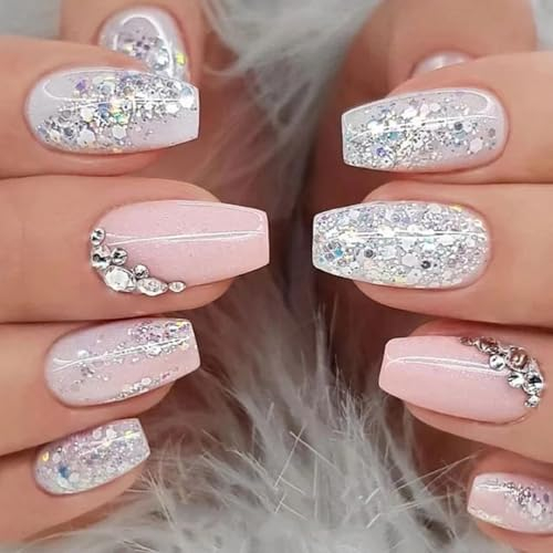 Ceboic 24 Pezzi Unghie Finte Medie Bara Unghie a Pressione Rosa Glitter Francese Adesive Colorate Fake Nails Kit con Strass Senza Colla Copertura Completa Acrilica Punta per Donna Ragazze