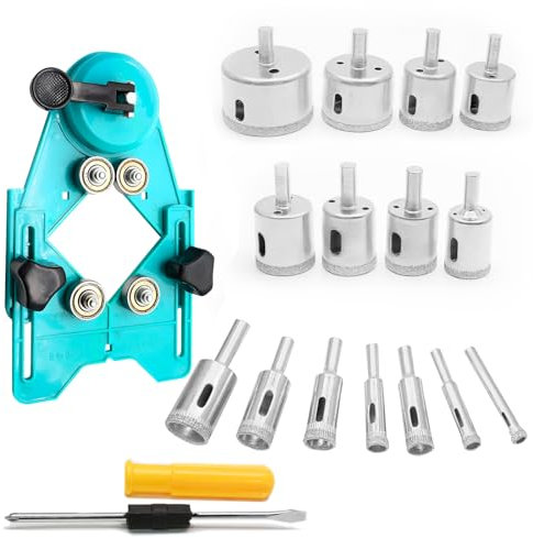 Cjueiom 15Pcs Diamond Drill Bit Set, 6mm-50mm Diamond Hole Saw Kit with Hole Saw Guide Jig Fixture, Hollow Core Drill Bit Ceramic Tile Hole Cutter for Glass Granite Marble Porcelain (Green)