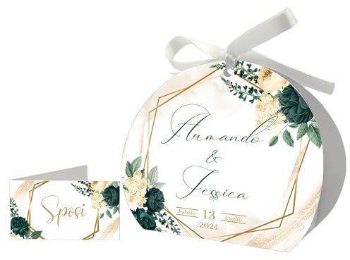PV Grafik® 24+24 Pz Scatoline Portaconfetti Matrimonio Eleganti | Bomboniere Verde Salvia con Fiori e Geometrie Oro | Personalizzate con Nomi e Data | Bigliettini Coordinati + Nastro Bianco (M15)