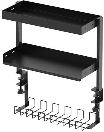 SALLOUS Clamp-on Desk Shelf, 2-Tier Shelving Unit with Under-Desk Cable Management Tray, 3-Tier Desktop Storage Shelf, Folding Desk Organizer for Office Table Accessories, Gaming Devices, Black
