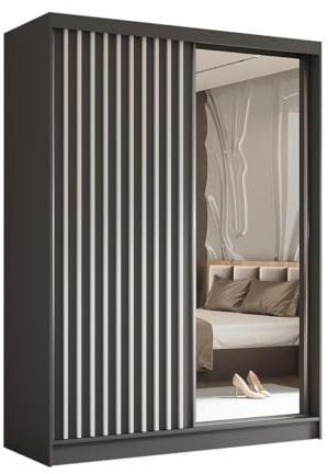 BEAUTY SOFA Helix - Armoire avec Miroir - Armoire avec Portes coulissantes et lamelles - Armoire penderie, Multi-usages, Couloir - Largeur 160cm - Gris & Couleur lamelles Blanc