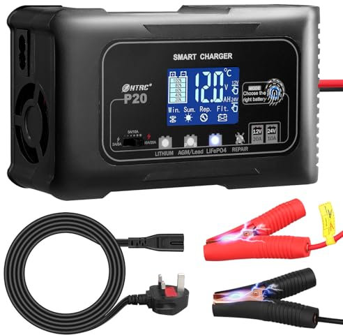 20-Amp LiFePO4 Battery Charger, 12V/24V Smart Car Battery Charger, Trickle Charger and Battery Desulfator, Portable Battery Maintainer, Lithium Batteries, for Car Boat Lawn Mower Motorcycle Truck
