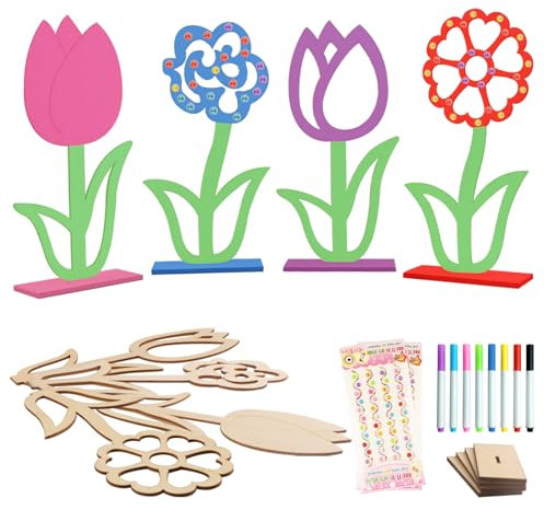 4Stück Blume Holz Bastelset 3D Färbung Holzbastelsets für Kinder DIY Handwerk Kinder Hohlblume Kreative Blumenornamente Basteln mit Aquarellstift Diamantaufkleber für Geburtstagsgeschenk