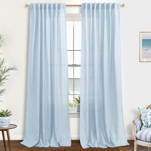 KOUFALL Hellblaue Vorhänge, 244 cm lang, für Wohnzimmer, Leinen, durchscheinend, plissiert, Küstenvorhänge für Kinderzimmer, Jungen, Mädchen, Pastell-Hellblau