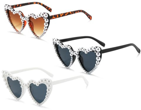Anlising 3PCS Herz Sonnenbrille Perle, Sonnenbrille Damen Herzform mit Perlen, Perle Vintage Damen Herzförmige, Retro Herzförmige Sonnenbrillen, Vintage Sonnenbrille Perlen, für Party (3 Farben)