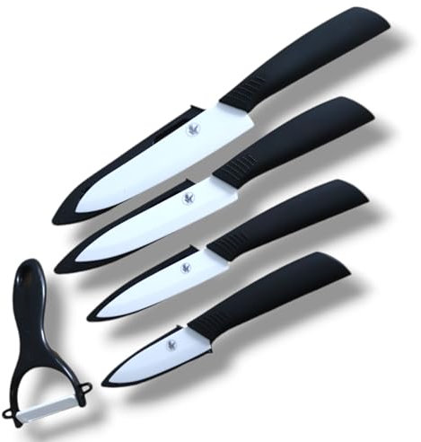 S-HubOla Keramik Messer Set 5Tlg, 4 Messer und 1 Schäler Messerset Kochmesser Chefmesser Schälmesser Allzweckmesser scharf Gemüsemesser rot (Schwarze Griff, weiße Klinge)
