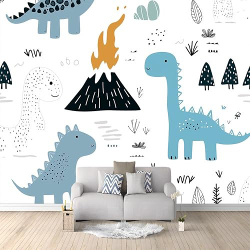 Papier Peint 250 x 175 cm Fresque Murale 3D Volcan Dinosaure De Dessin Animé Design Unique Moderne Décoration Murale Fleurs pour Salon Chambre Décoration Murale Murale Blanc