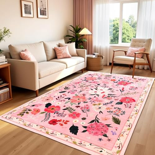 Macgace Tappeto floreale rosa per camera da letto e stanze, lavabile in lavatrice, con retro antiscivolo, decorazione per stanza dei giochi