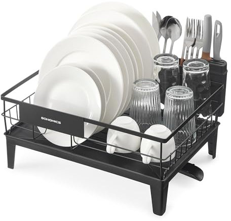 SONGMICS Abtropfgestell Geschirr, Geschirr-Abtropfständer, 360° drehbarer und ausziehbarer Ablauf, Abtropfschale, Besteckhalter, Küche, 31 x 42 x 18,5 cm, tintenschwarz KCS550B01