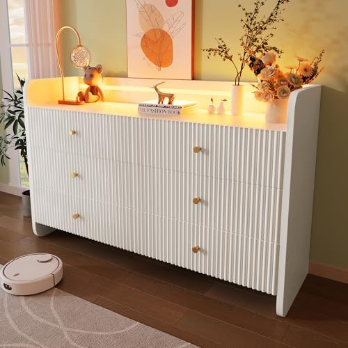 Merax Modern 120 cm Sideboard for living room with 6 Drawers, Cupboard Storage Cabinet with RGB LED Lighting & Shelves & Handles, Bedroom Dining Room Office, 40x120x75 cm, White